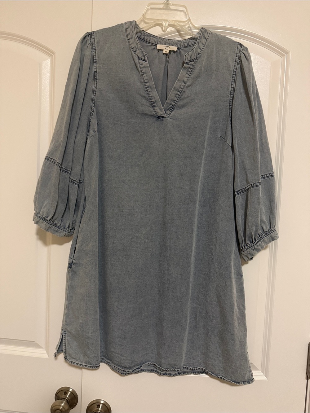 entro Faded Denim-Blue V-Neck Mini Dress